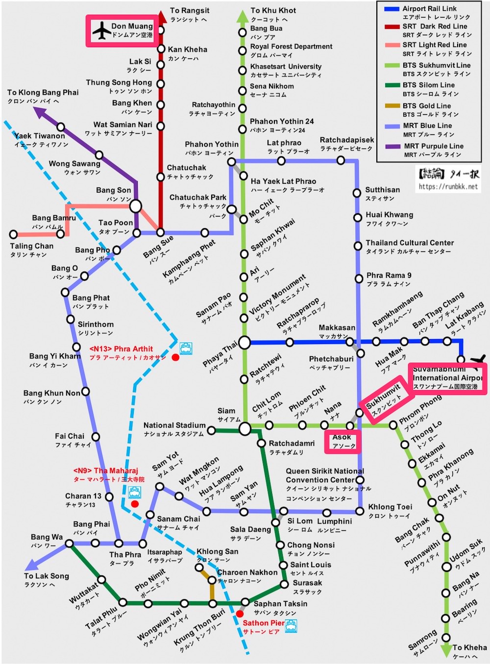 バンコクの空港からBTSアソークとMRTスクンビットへの路線図