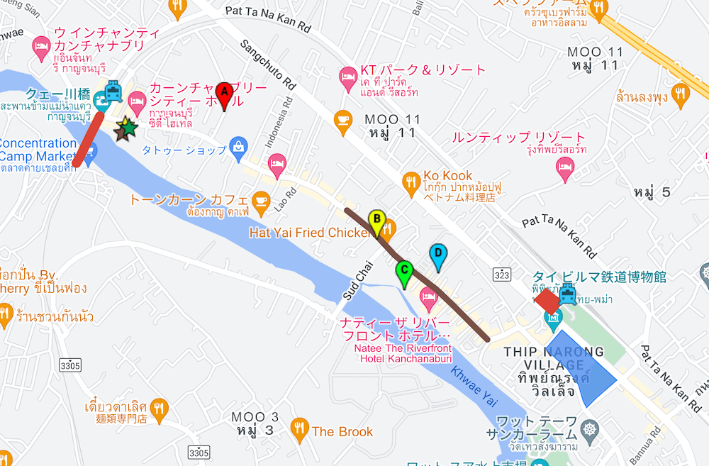 カンチャナブリー市内において徒歩移動で観光できる範囲を記した地図