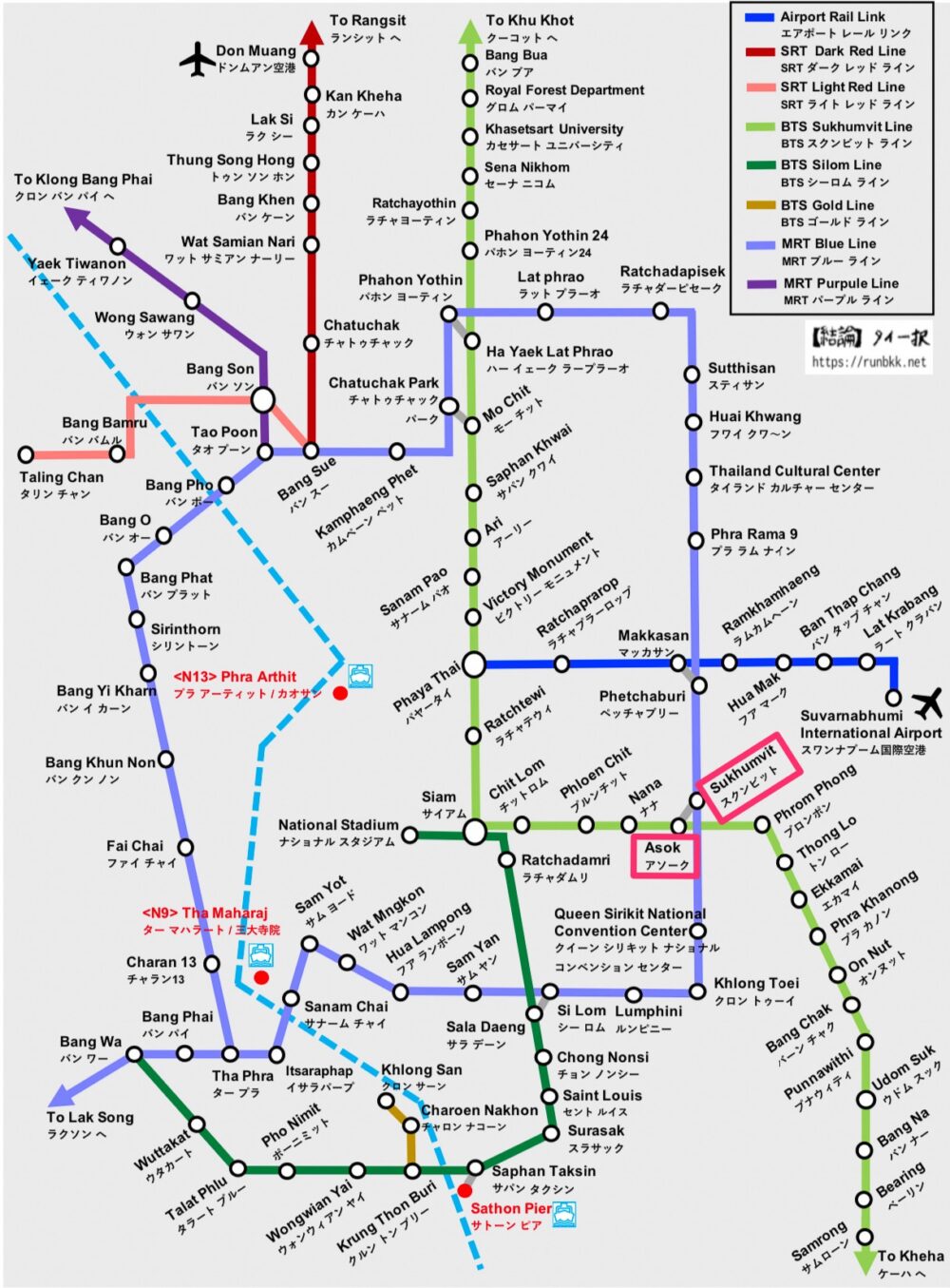 バンコクの路線図（BTSアソークとMRTスクンビット）