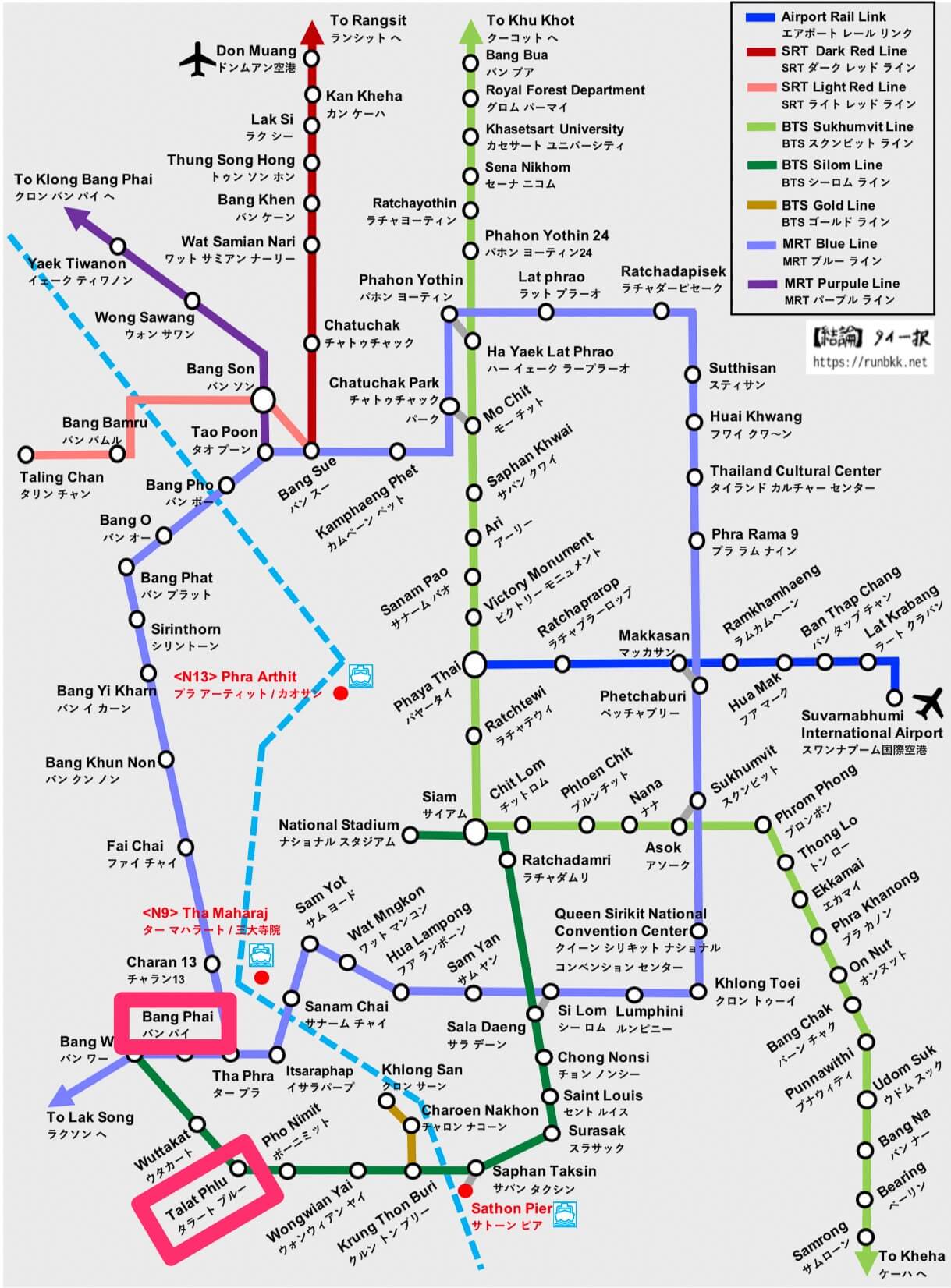 バンコクの路線図（MRTバンパイとBTSタラートプルー）