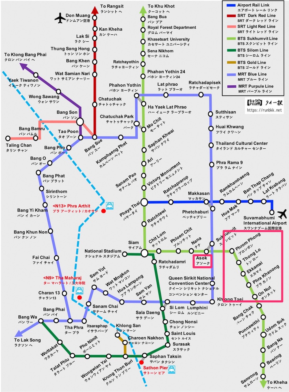 おすすめ格安ホテルが位置するバンコクの最寄り駅を記した路線図