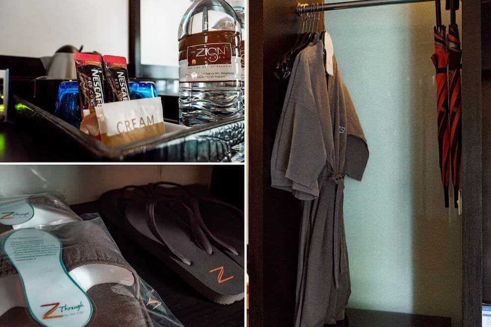 ゼット スルー バイ ザ ザイン ホテル（Z Through By The Zign Hotel）客室に備えてあるガウン、室内スリッパ、傘