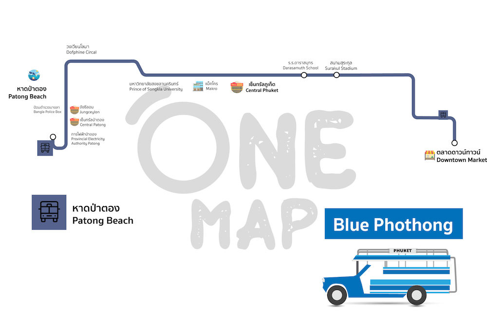 パトンビーチからプーケットタウンへ行く乗り合い青色バスのルート