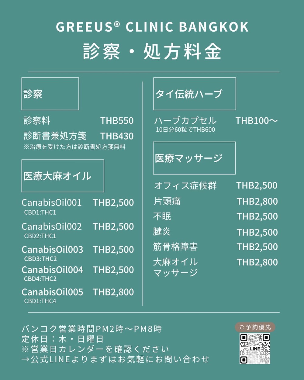 Greeus Medical Cannabis Clinic Bangkokの診療・処方料金