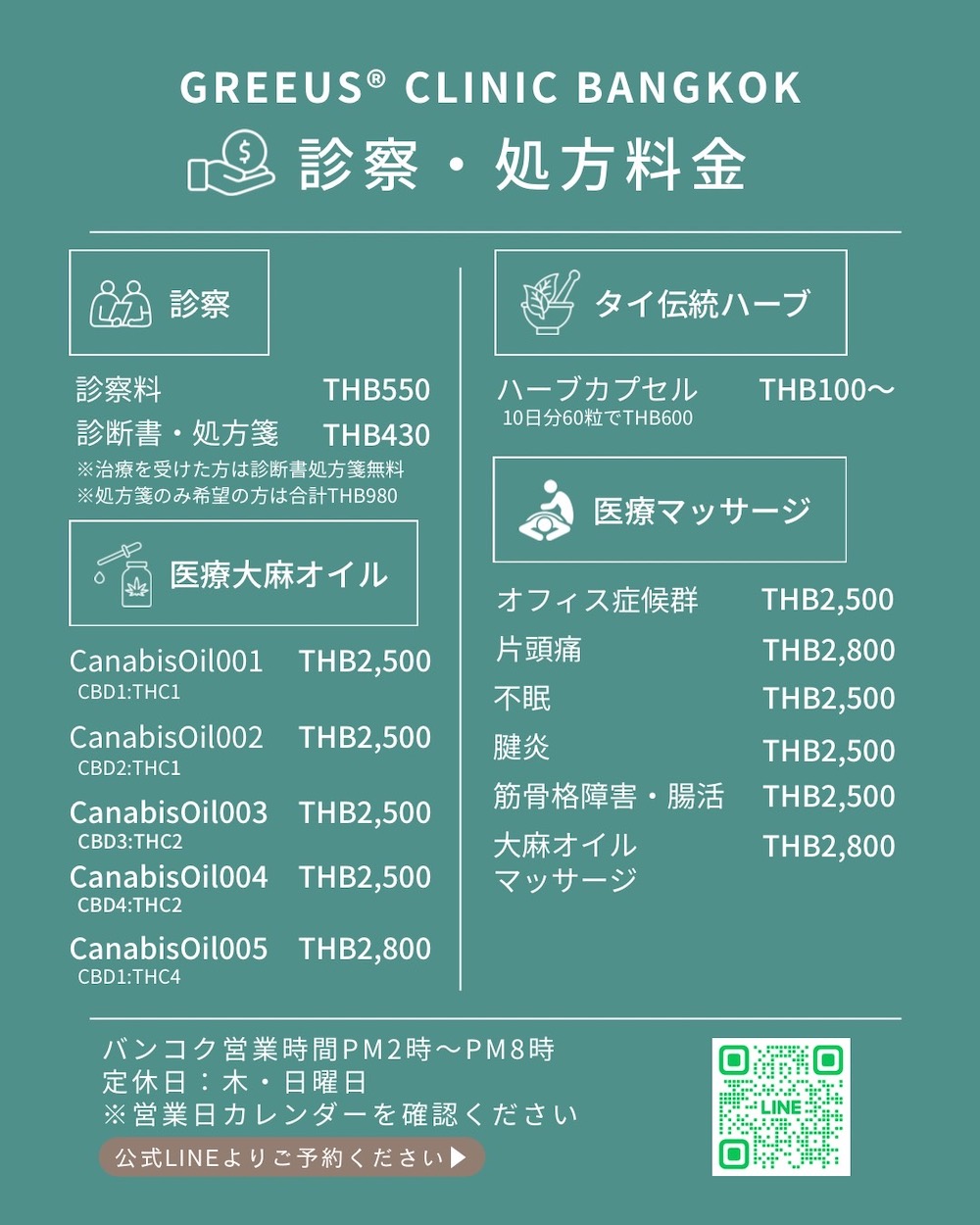 Greeus Medical Cannabis Clinic Bangkok（グリースクリニック）の診療・処方料金