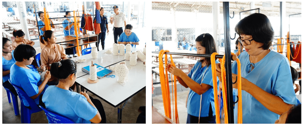 ナコンパトム刑務所でバッグを編む女性受刑者たち