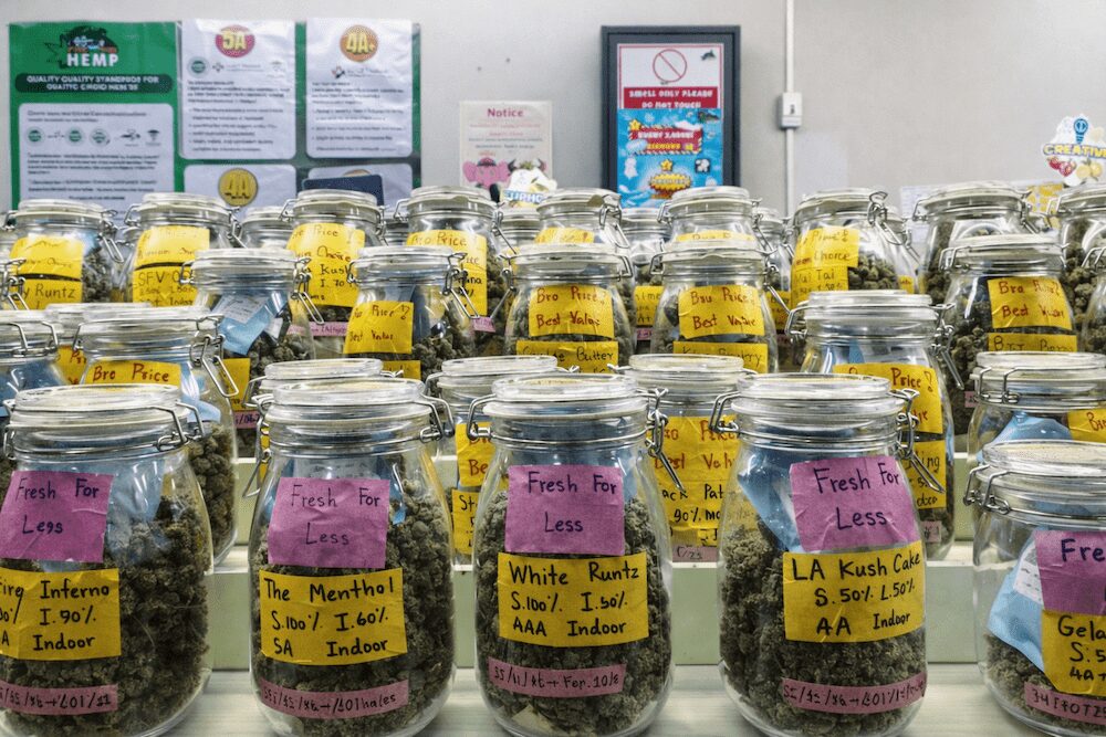 チュー チュー ヘンプ ウィード ショップ(Choo Choo Hemp Weed Shop)の棚に並ぶ大麻