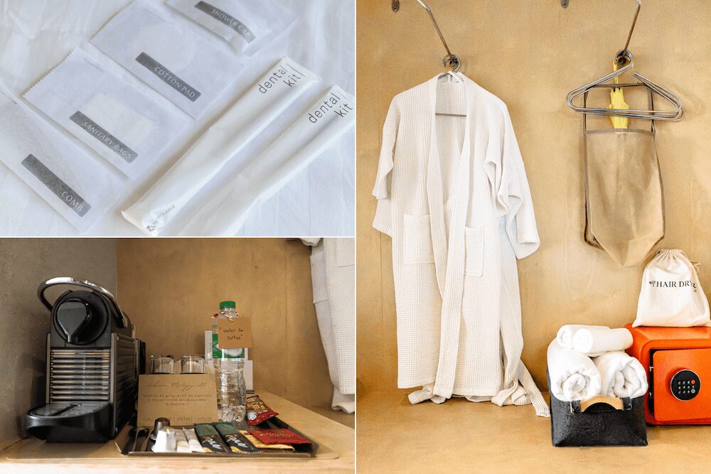 Arthit House Resort Kohlarn（アーティット ハウス リゾート コーラン）のSeaviewルームに備えられているアメニティ、コーヒーメーカー、ガウンやセキュリティボックス