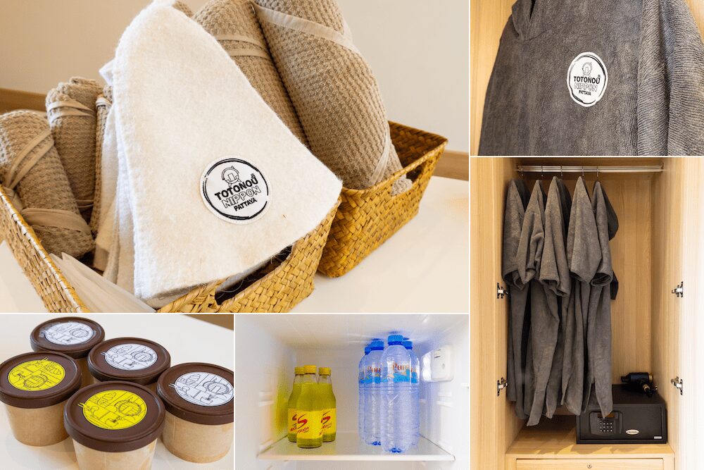 パタヤのプライベートバレルサウナ「TotonouNippon」に備えられているサウナハットやポンチョ