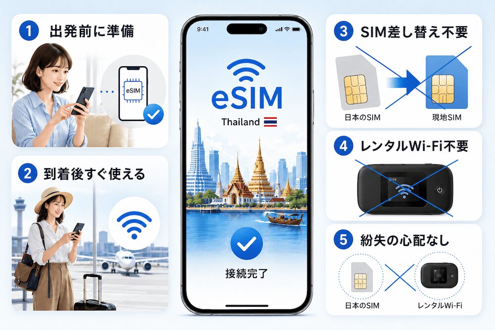 タイ旅行でeSIMを使うメリットを説明する図。SIM差し替え不要で到着後すぐスマホ通信を使える