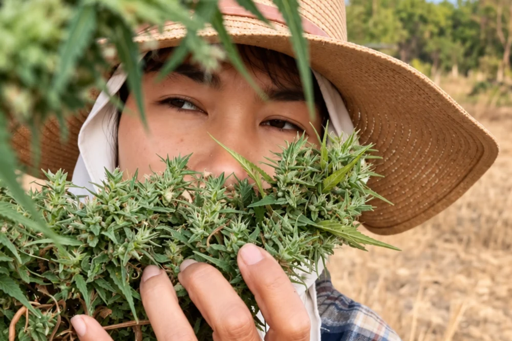 アウトドア栽培のオーガニック大麻の香りを味わうPrempaveeさん