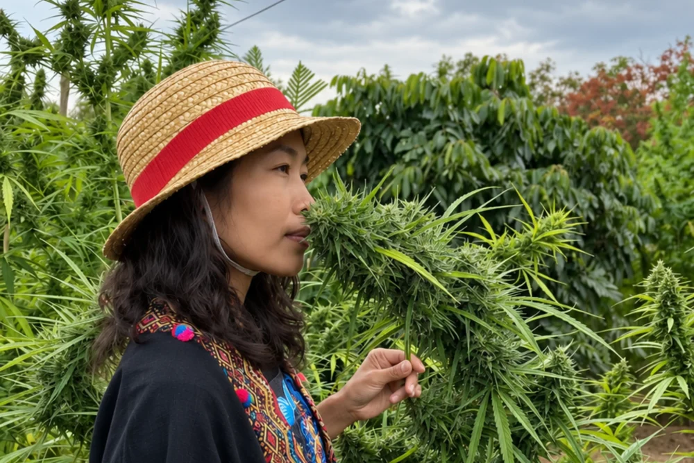 アウトドア栽培のオーガニック大麻の香りを味わうPrempaveeさん２