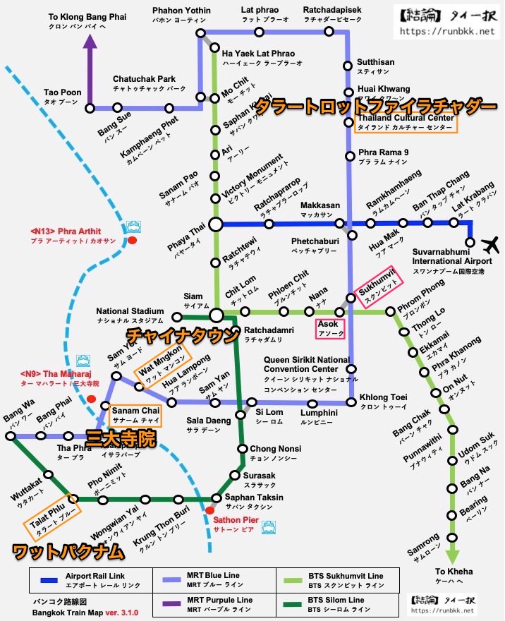 BTSアソークと周辺の観光地を記した路線図