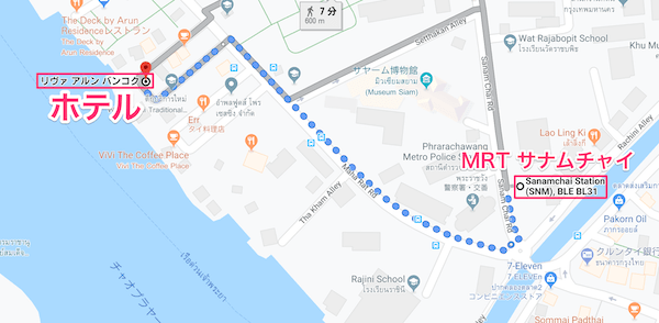 MRTサナームチャイからリヴァ アルン バンコクへの地図